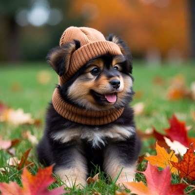 Puppy Wearing Beanie in Autumn Leaves