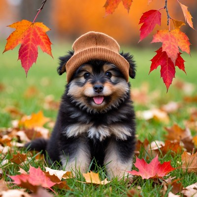Puppy Wearing Beanie in Autumn Leaves