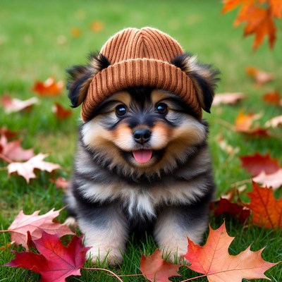 Puppy wearing knit hat in autumn leaves