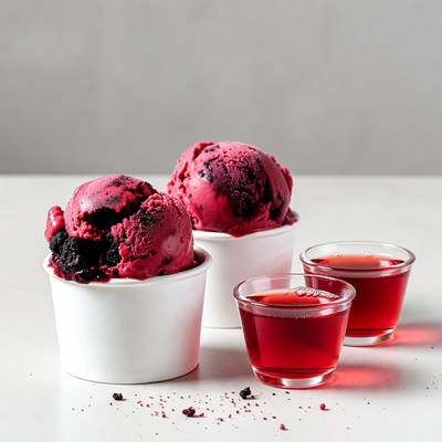 Three Scoops of Red Ice Cream with Shot Glasses