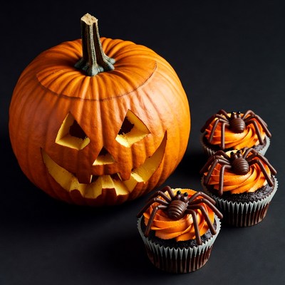 Jack-o'-lantern with Spider Cupcakes