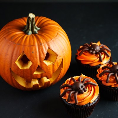 Jack-o'-lantern with Spider Cupcakes