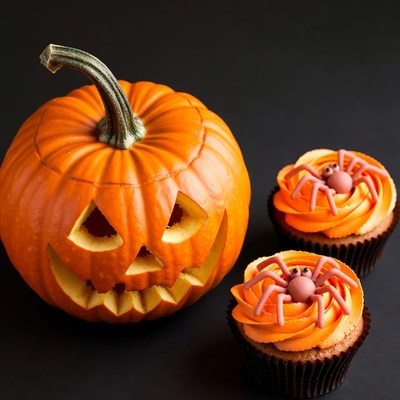 Jack-o'-lantern with Spider Cupcakes