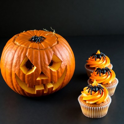 Jack-o'-lantern with Spider Cupcakes