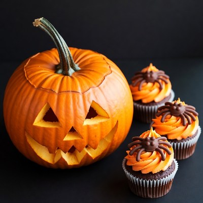 Jack-o'-lantern with Spider Cupcakes