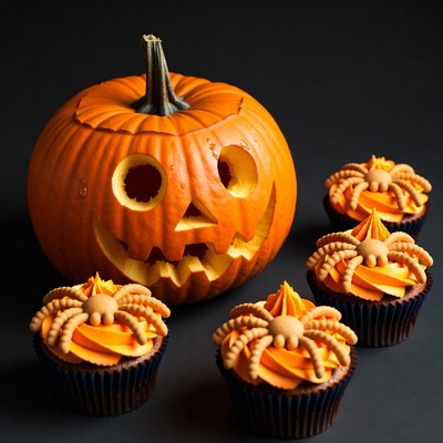 Jack-o'-lantern with Spider Cupcakes