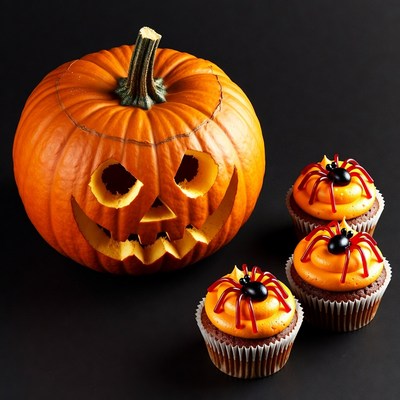 Jack-o'-lantern with Spider Cupcakes