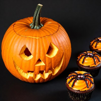 Jack-o'-lantern with Spider Cupcakes