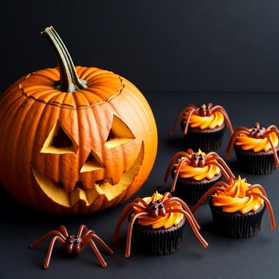 Jack-o'-lantern with Spider Cupcakes