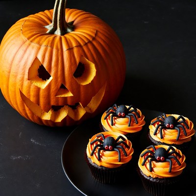 Jack-o'-lantern and Spider Cupcakes