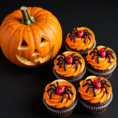 Jack-o'-lantern Pumpkin with Spider Cupcakes