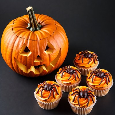 Jack-o'-lantern with Spider Cupcakes