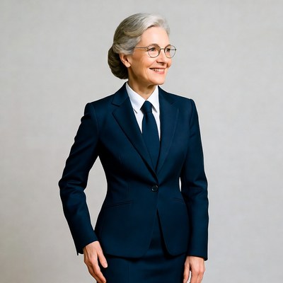 Smiling senior woman in navy suit