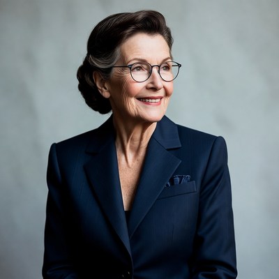 Elderly woman smiling in navy suit