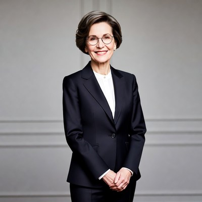 Smiling woman in navy suit and glasses