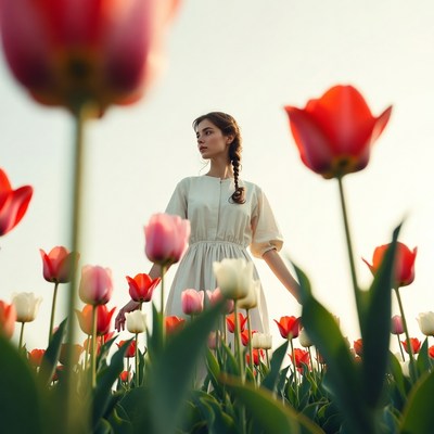 Woman walking in tulip field