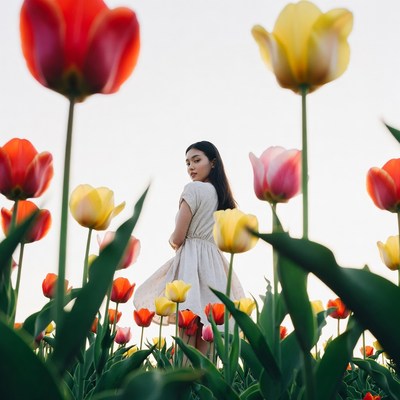 Asian woman in tulip field
