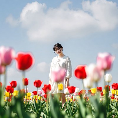 Asian woman in tulip field