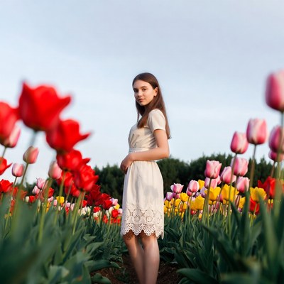 Woman in white dress tulip field