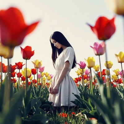 Asian woman in tulip field
