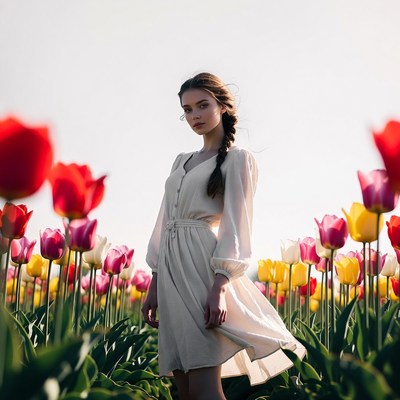 Woman in colorful tulip field