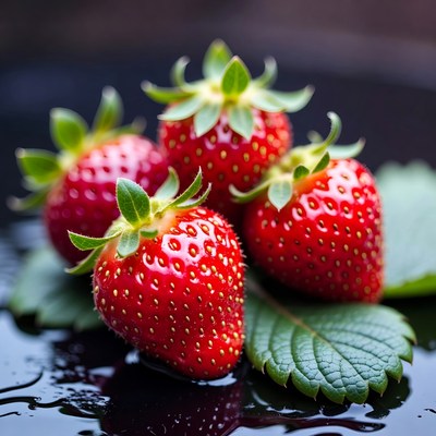 Fresh Strawberries on Leaves