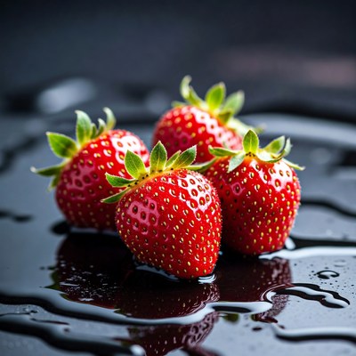 Fresh Strawberries on Wet Black Surface