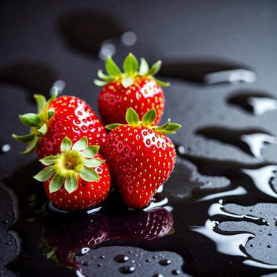 Fresh Strawberries on Black Wet Surface