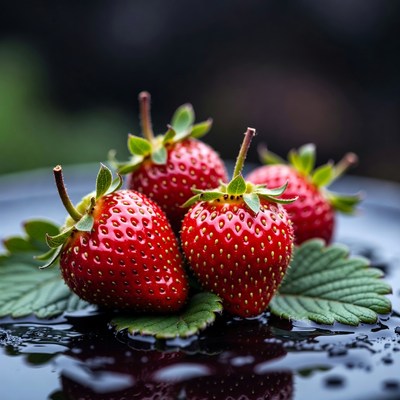 Fresh Strawberries on Leaves