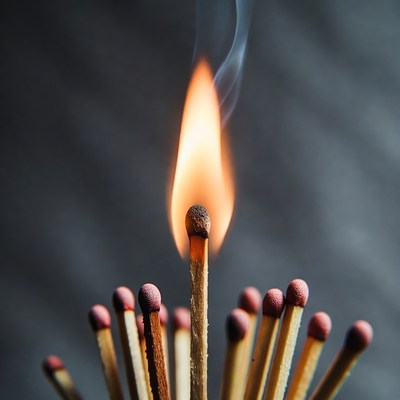 Burning Matchstick Surrounded by Matches