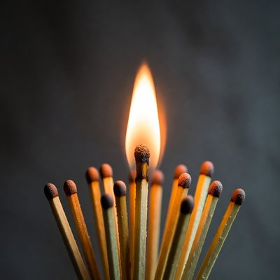 Burning Matchstick Surrounded by Matches