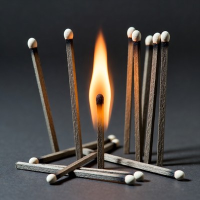 Burning Matchstick Surrounded by Matches