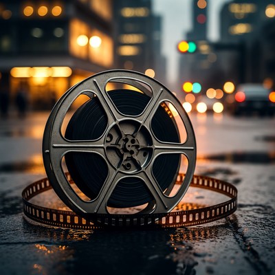Film Reel on Wet Urban Street