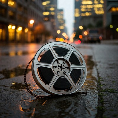 Film Reel on Wet Urban Street