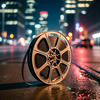 Film Reel on Wet City Street Night