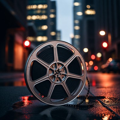 Film Reel on Wet Urban Street