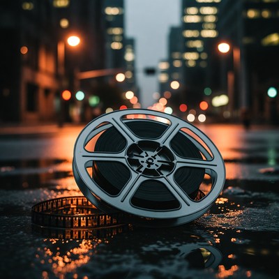 Film Reel on Wet Urban Street