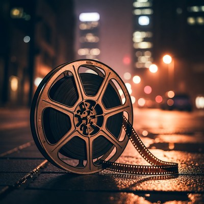 Film Reel on Wet Night Street