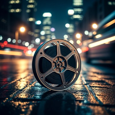 Film Reel on Wet City Street