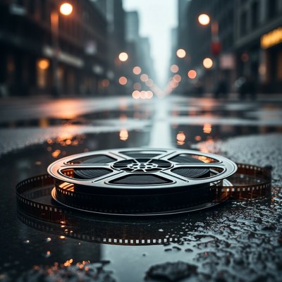Film Reel on Wet Urban Street