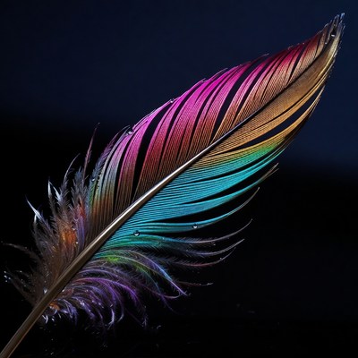 Colorful Feather with Water Droplets