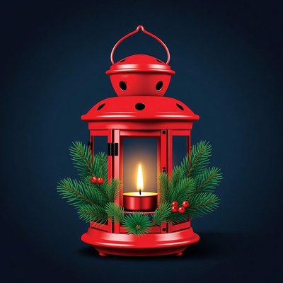 Red Lantern with Candle and Holly