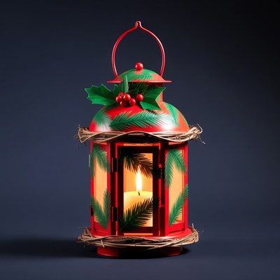 Red Christmas Lantern with Holly
