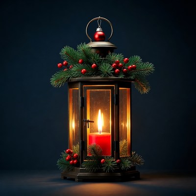 Christmas Lantern with Candle and Holly