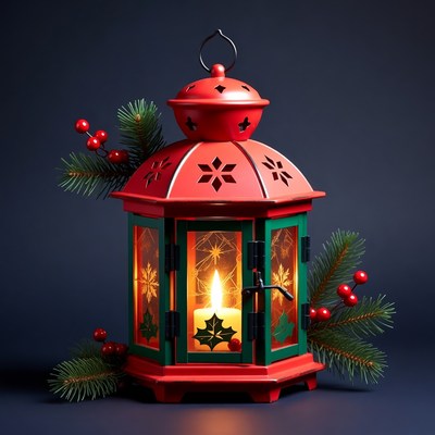Red Lantern with Christmas Greenery