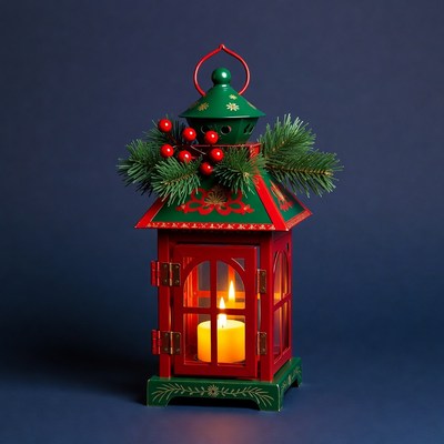 Green Red Christmas Lantern with Candle