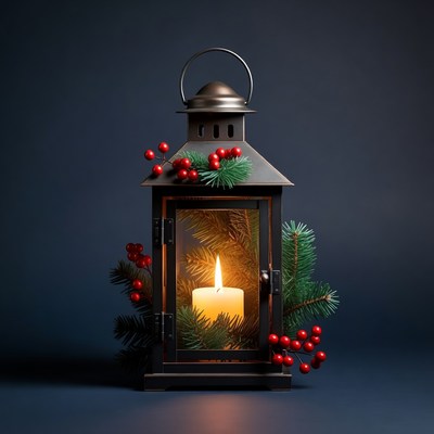 Christmas Lantern with Candle and Holly