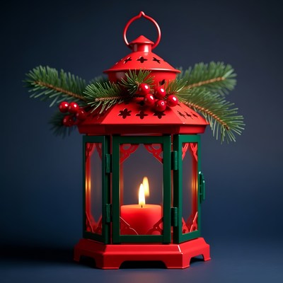 Red Christmas Lantern with Candle and Holly