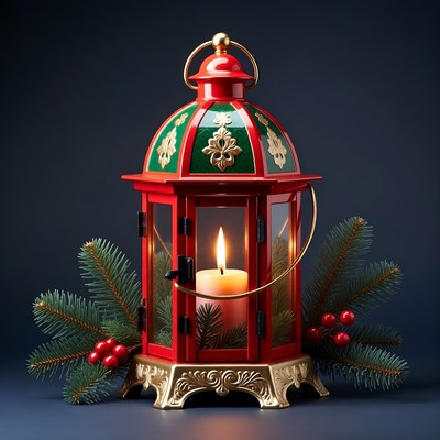 Red Christmas Lantern with Candle and Holly