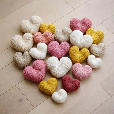 Colorful Knitted Hearts on Wooden Floor